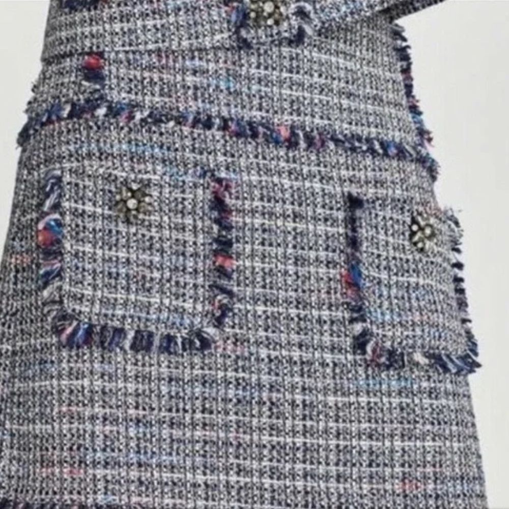 NWT Zara‎ Women's Blue Tweed Mini Skirt Size Large Gem Applique Fringe Pockets